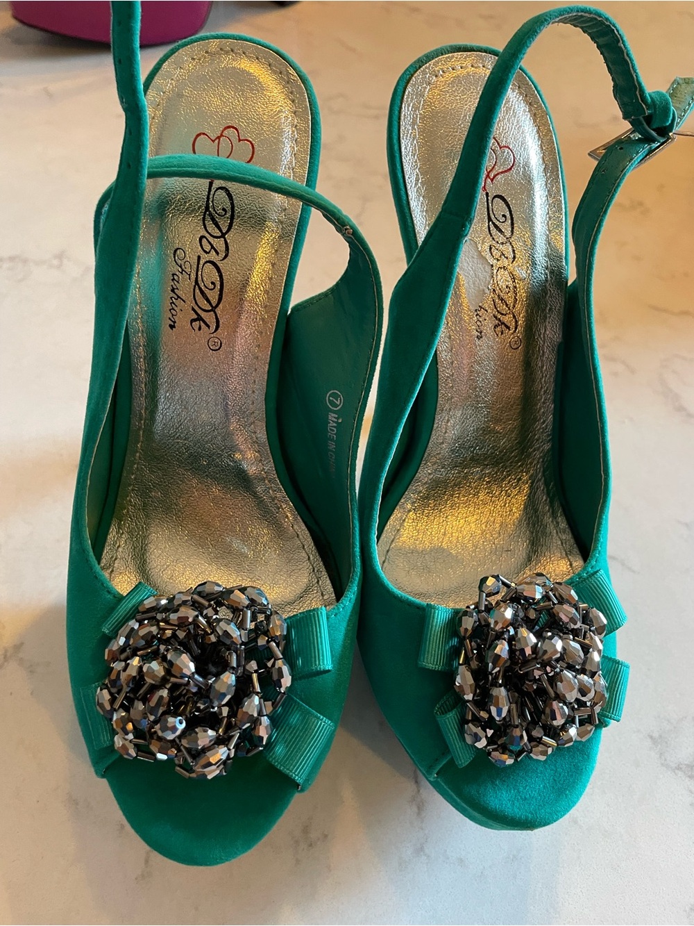 Green Embellished Slingback Heels